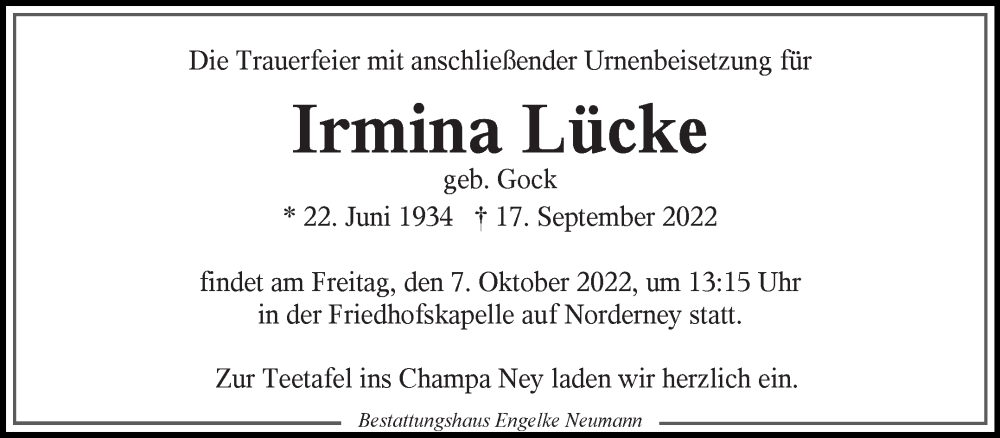  Traueranzeige für Irmina Lücke vom 04.10.2022 aus 