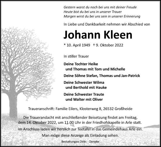 Traueranzeige von Johann Kleen 