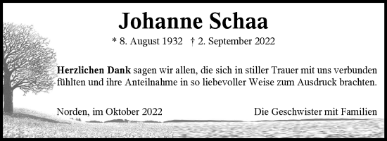 Traueranzeige von Johanne Schaa 