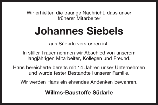 Traueranzeige von Johannes Siebels 