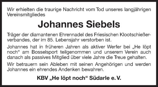 Traueranzeige von Johannes Siebels 