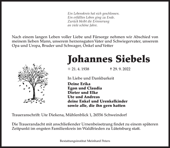 Traueranzeige von Johannes Siebels 