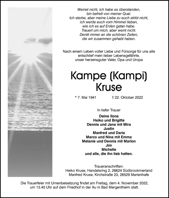 Traueranzeige von Kampe Kruse 