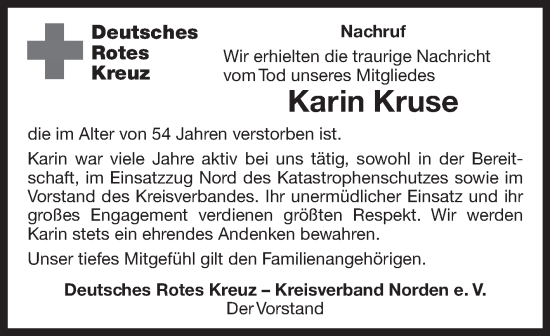 Traueranzeige von Karin Kruse 