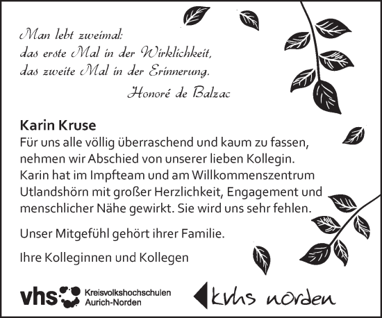 Traueranzeige von Karin Kruse 
