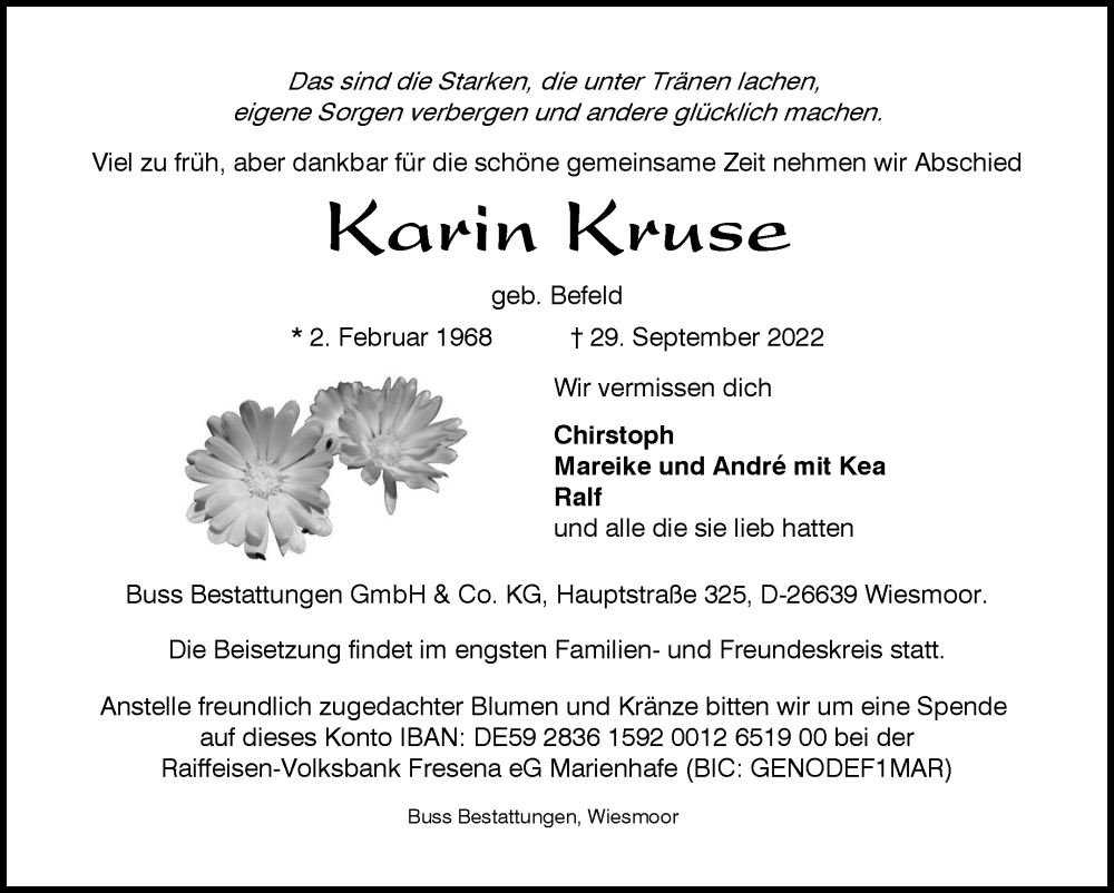  Traueranzeige für Karin Kruse vom 05.10.2022 aus 