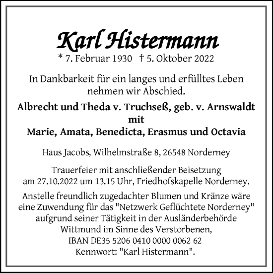 Traueranzeige von Karl Histermann 