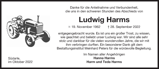 Traueranzeige von Ludwig Harms 
