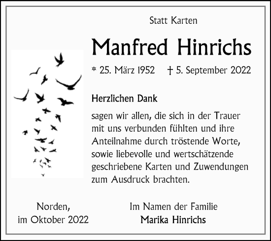 Traueranzeige von Manfred Hinrichs 