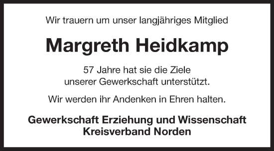 Traueranzeige von Margreth Heidkamp 