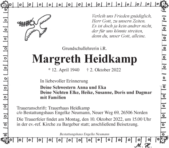 Traueranzeige von Margreth Heidkamp 