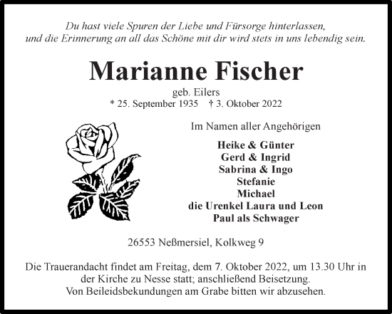 Traueranzeige von Marianne Fischer 