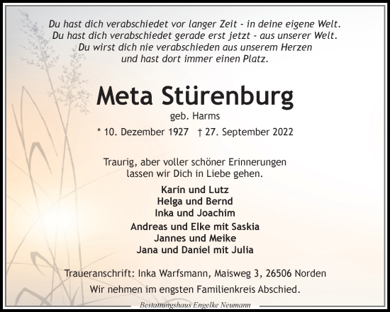 Traueranzeige von Meta Stürenburg 
