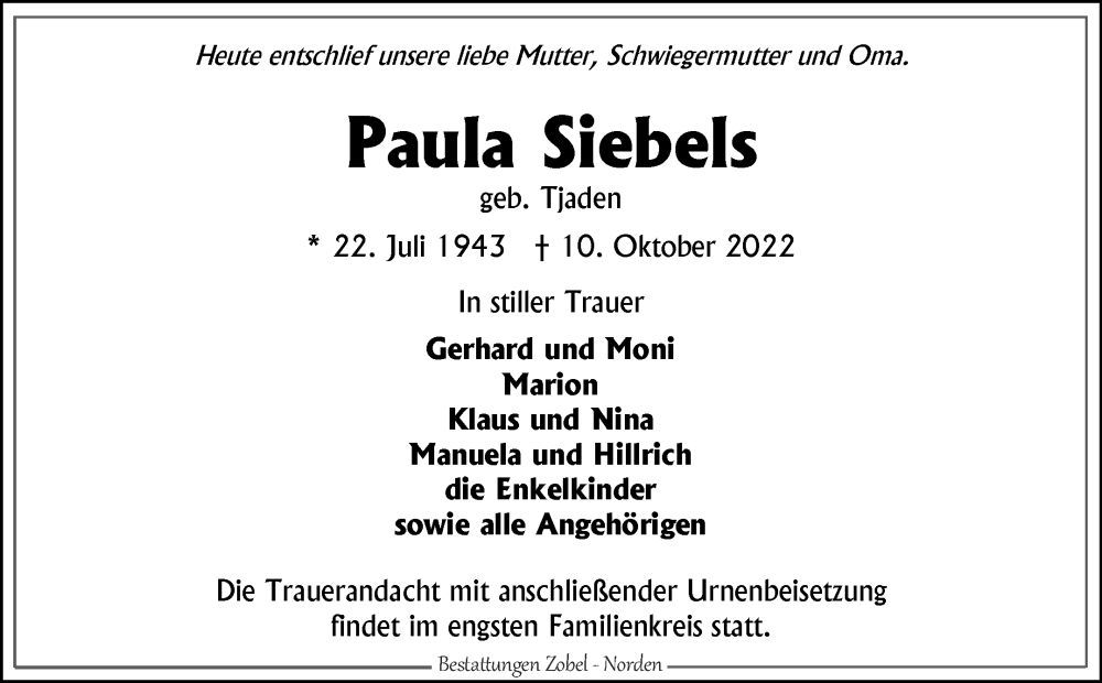  Traueranzeige für Paula Siebels vom 15.10.2022 aus 