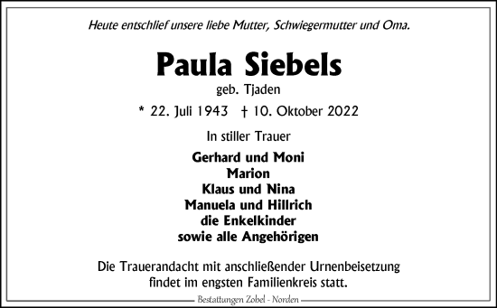 Traueranzeige von Paula Siebels 
