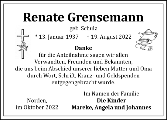 Traueranzeige von Renate Grensemann 