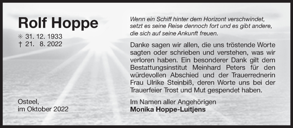  Traueranzeige für Rolf Hoppe vom 22.10.2022 aus 