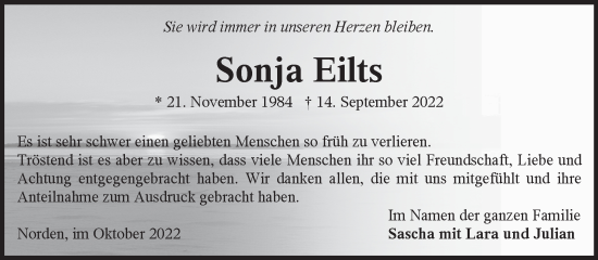 Traueranzeige von Sonja Eilts 