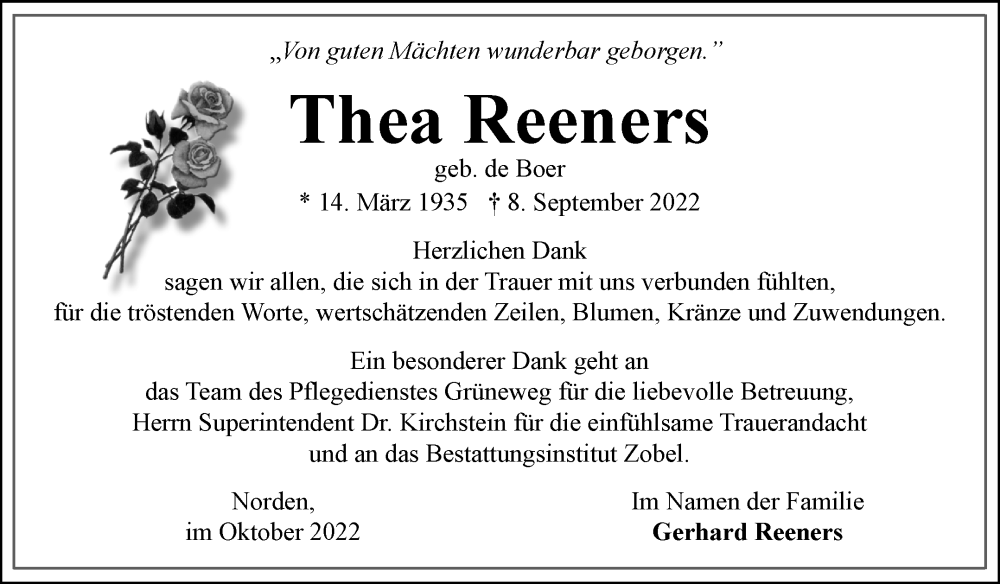  Traueranzeige für Thea Reeners vom 22.10.2022 aus 