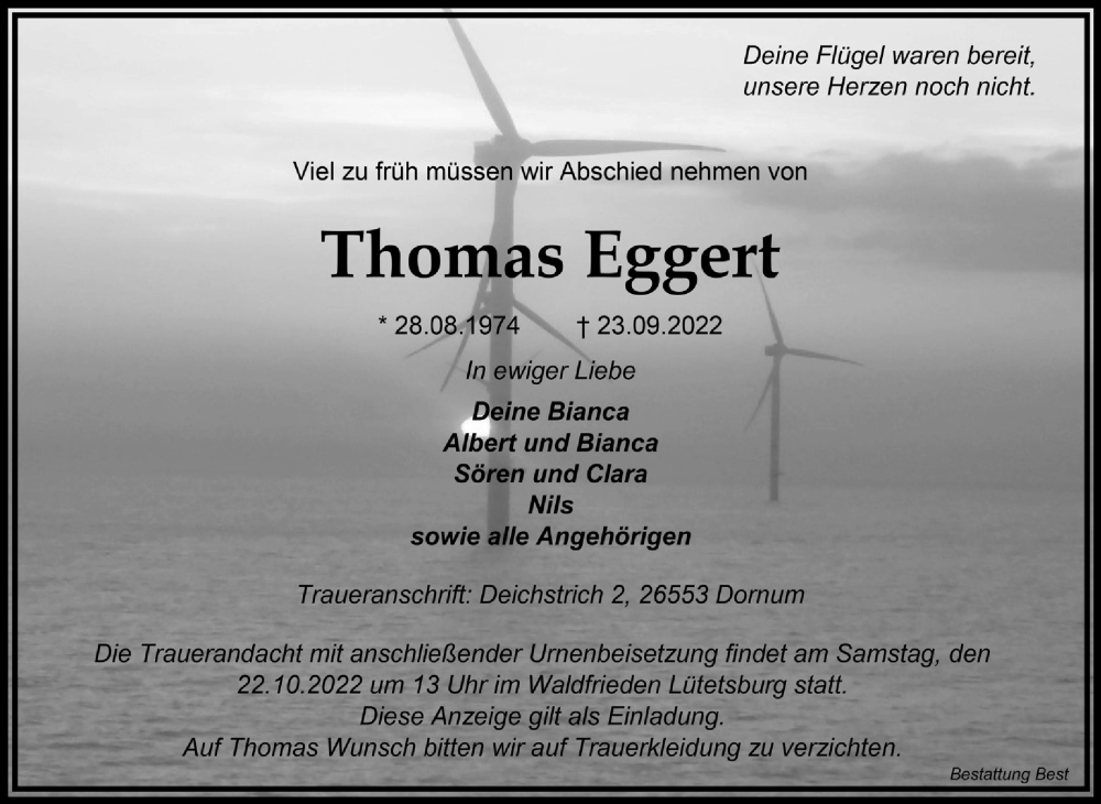  Traueranzeige für Thomas Eggert vom 15.10.2022 aus 
