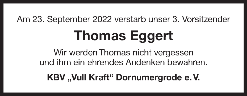  Traueranzeige für Thomas Eggert vom 15.10.2022 aus 