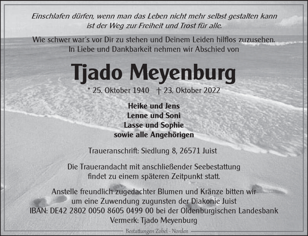  Traueranzeige für Tjado Meyenburg vom 29.10.2022 aus 