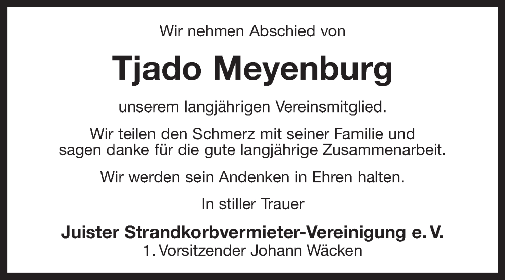  Traueranzeige für Tjado Meyenburg vom 28.10.2022 aus 