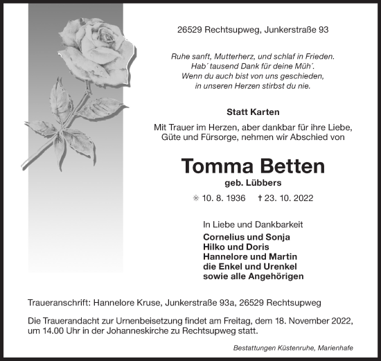 Traueranzeige von Tomma Betten 