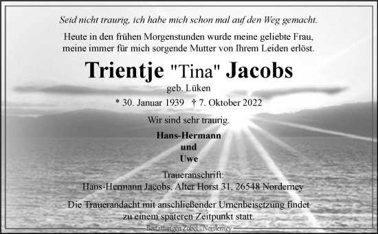 Traueranzeige von Trientje Jacobs 