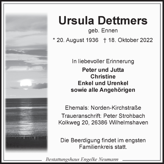 Traueranzeige von Ursula Dettmers 