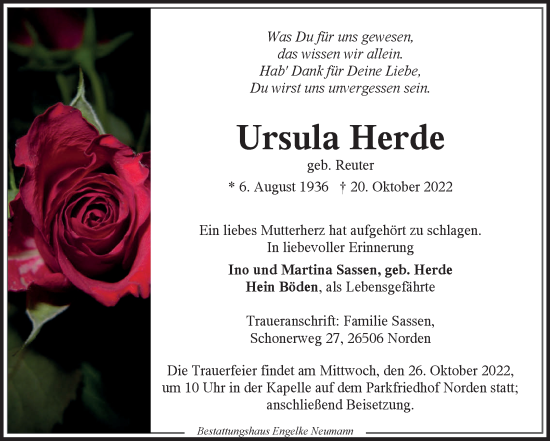 Traueranzeige von Ursula Herde 