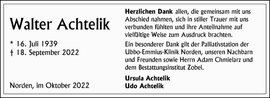 Traueranzeige von Walter Achtelik 