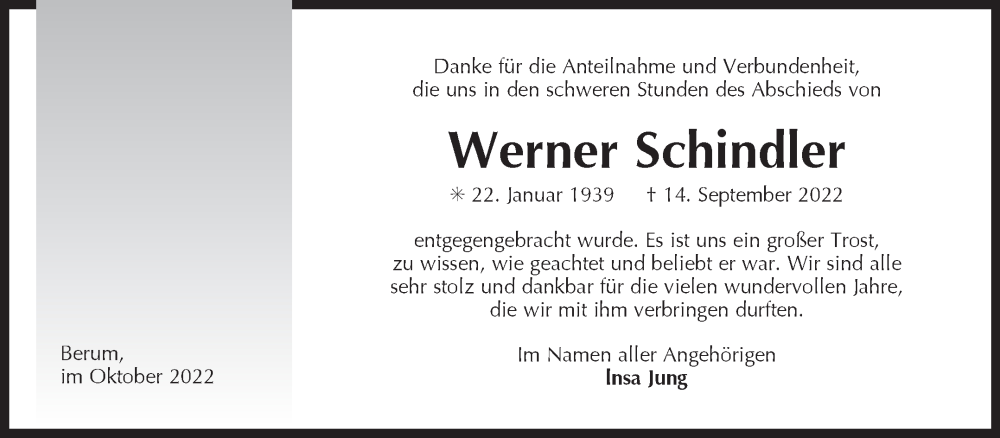  Traueranzeige für Werner Schindler vom 22.10.2022 aus 