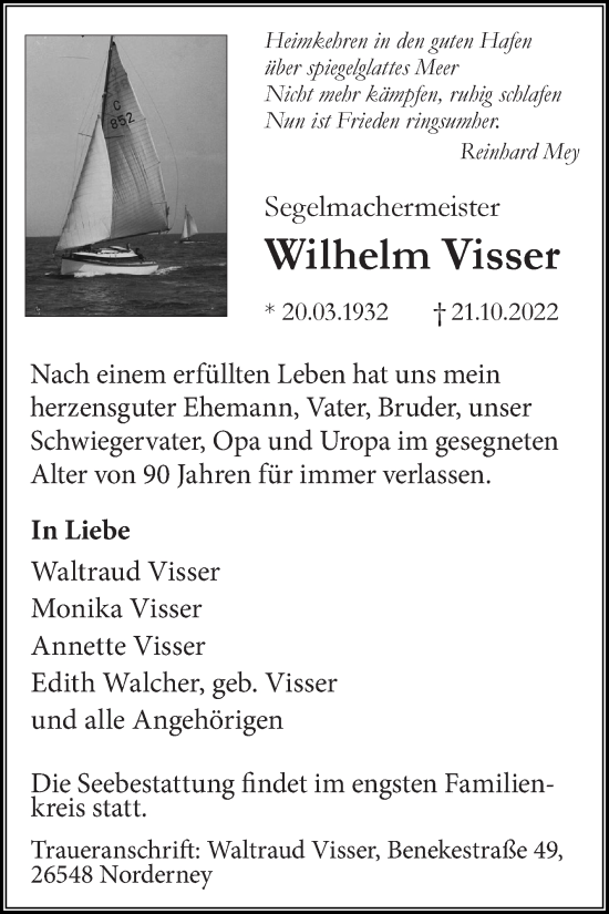 Traueranzeige von Wilhelm Visser 