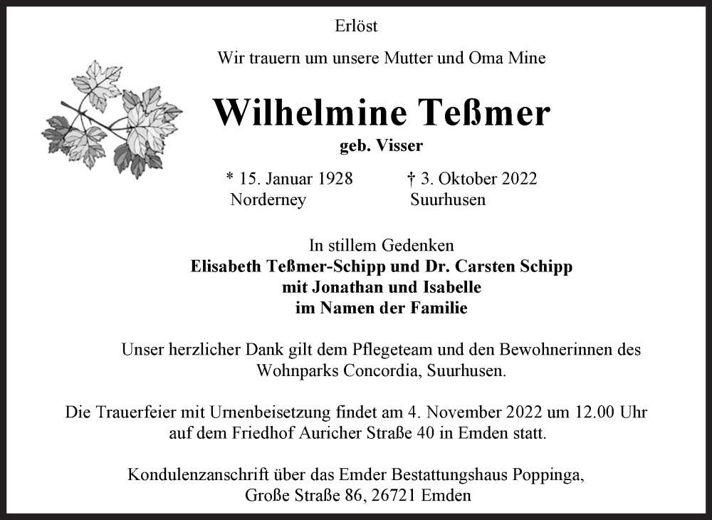  Traueranzeige für Wilhelmine Teßmer vom 22.10.2022 aus 