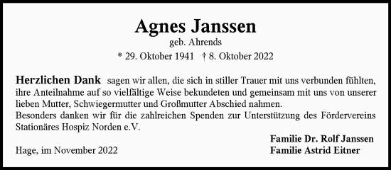 Traueranzeige von Agnes Janssen 