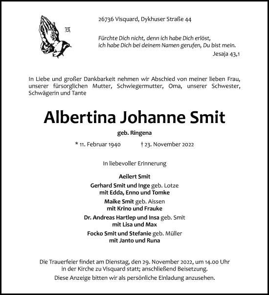 Traueranzeige von Albertina Johanne Smit 