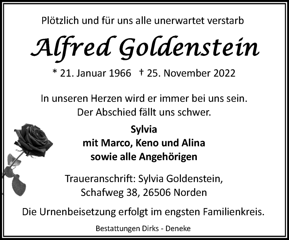  Traueranzeige für Alfred Goldenstein vom 29.11.2022 aus 