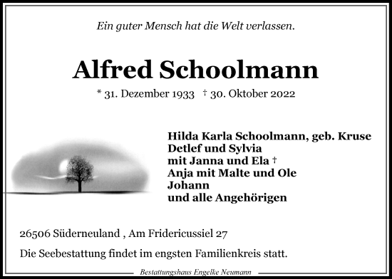 Traueranzeige von Alfred Schoolmann 