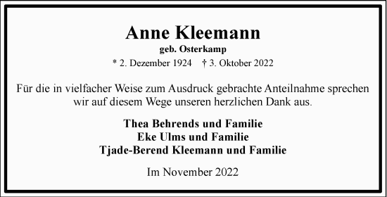 Traueranzeige von Anne Kleemann 