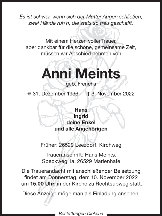 Traueranzeige von Anni Meints 