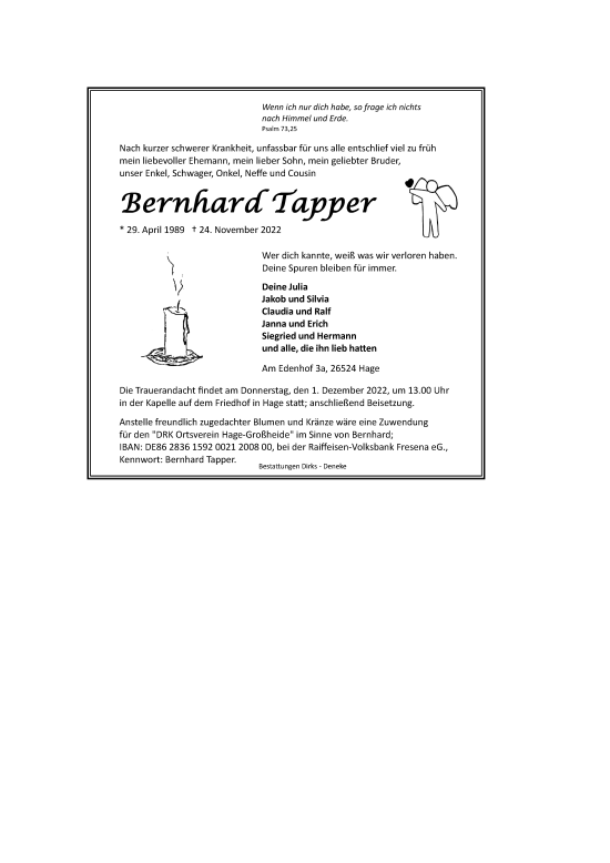 Traueranzeige von Bernhard Tapper 