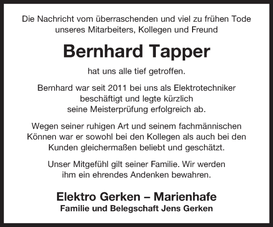 Traueranzeige von Bernhard Tapper 