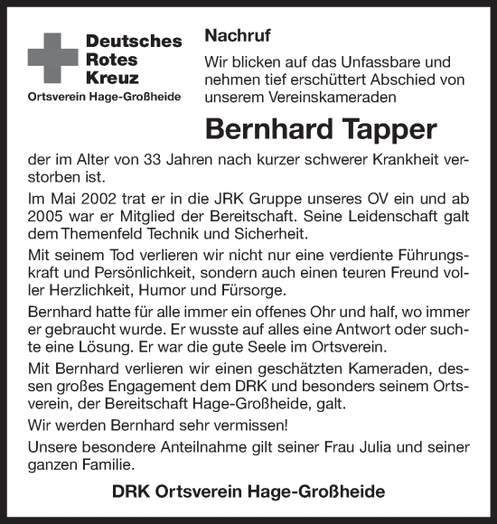 Traueranzeige von Bernhard Tapper 