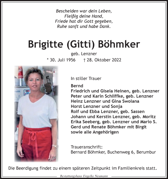 Traueranzeige von Brigitte Böhmker 