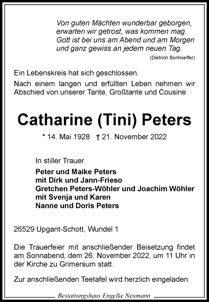  Traueranzeige für Catharine Peters vom 23.11.2022 aus 
