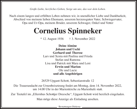 Traueranzeige von Cornelius Spinneker 