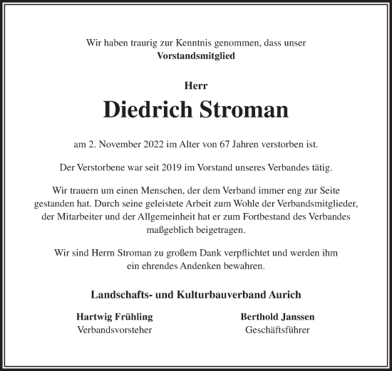 Traueranzeige von Diedrich Stroman 