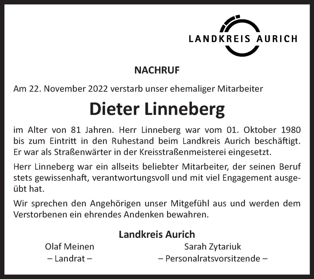  Traueranzeige für Dieter Linneberg vom 25.11.2022 aus 