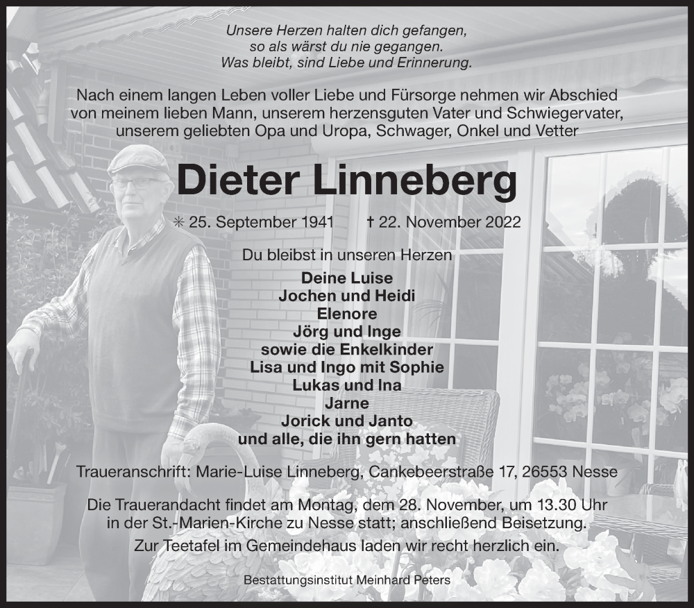  Traueranzeige für Dieter Linneberg vom 24.11.2022 aus 